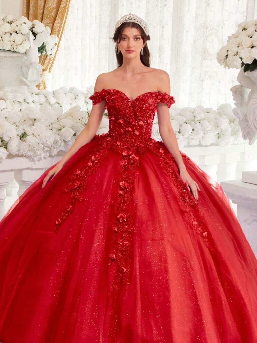 New Red Off The Shoulder Floral Applique Embellished Quinceanera Gown CD 15717